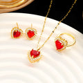Gold red titanium steel jewellery set with hearts flower pendant, necklace, stud earrings, and ring.