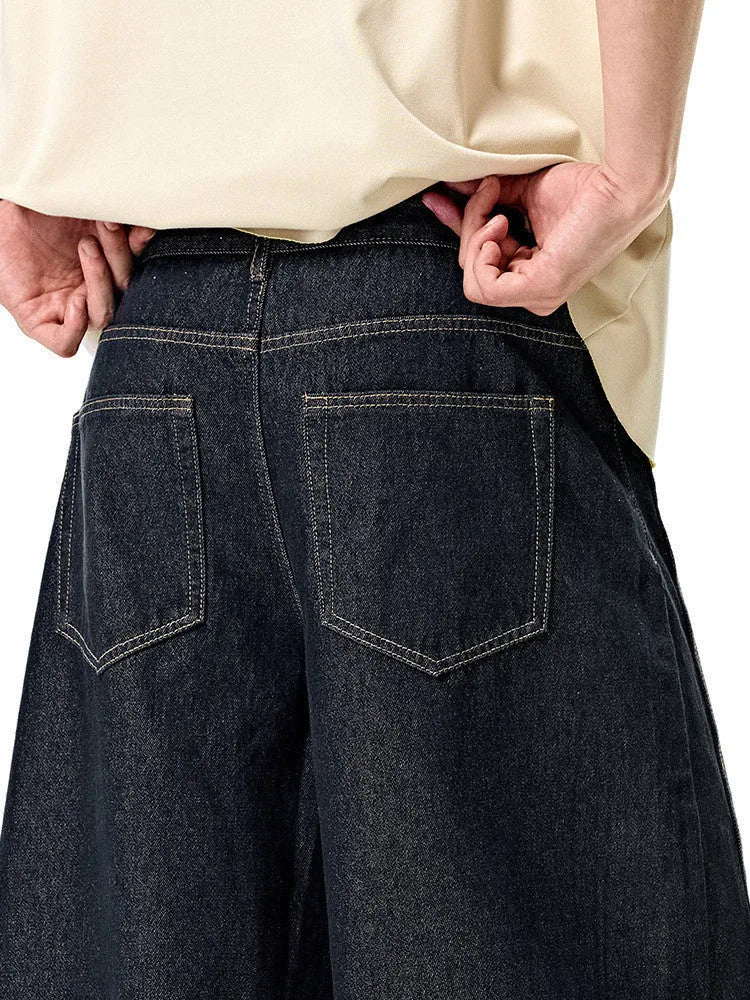 Men's wide leg denim trousers in original cow colour wash with mid waist rise