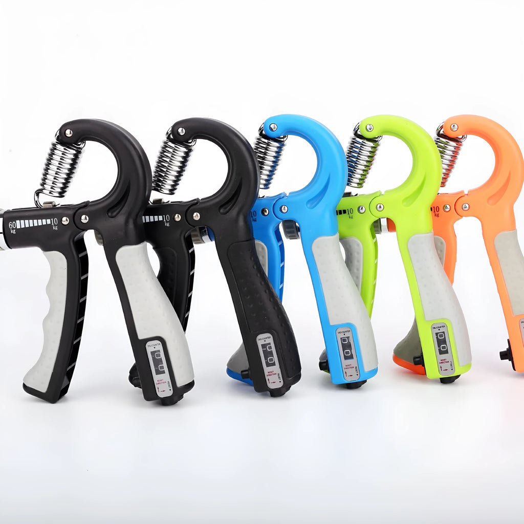 Adjustable hand grip with mechanical counter showing black ABS handles and stainless steel spring on white background