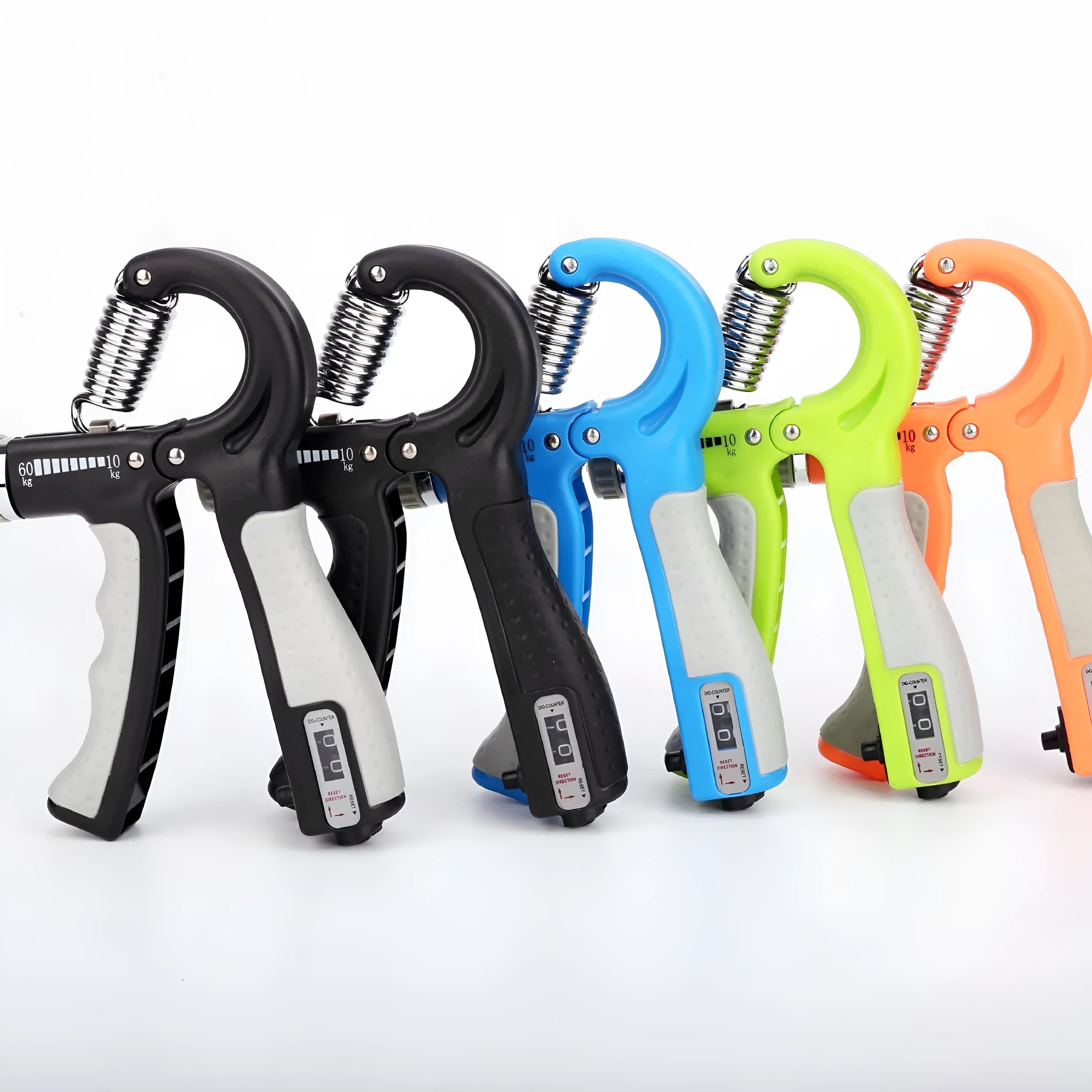 Adjustable hand grip with mechanical counter showing black ABS handles and stainless steel spring on white background