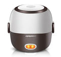 White rice cooker with 2L capacity and steaming basket options