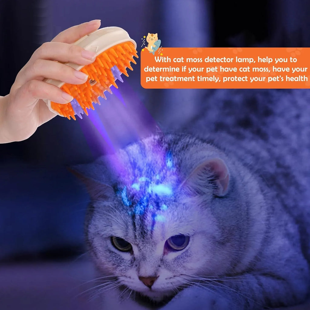 Yellow cat steam brush with silicone teeth, water tank, and ringworm detection lamp for pet grooming