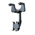 Black rearview mirror car phone holder with rotating head and telescopic arm extended.