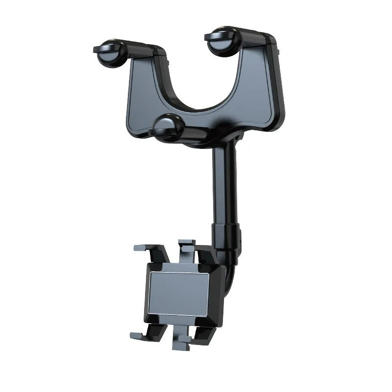 Black rearview mirror car phone holder with rotating head and telescopic arm extended.