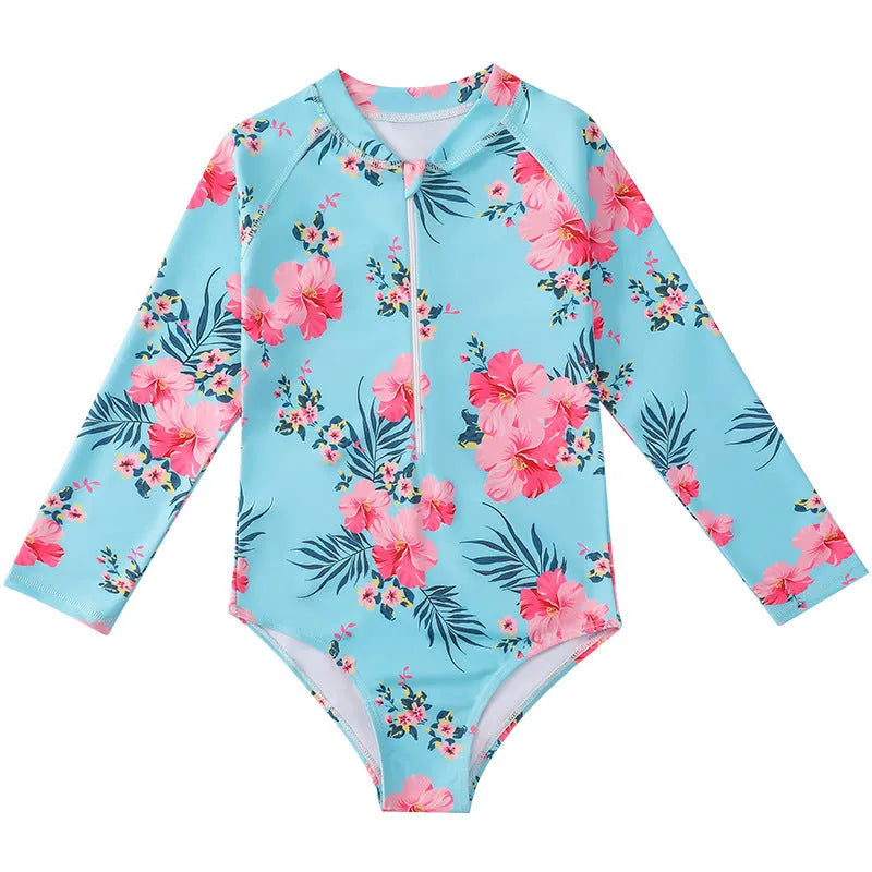 Girl's long-sleeve one-piece swimming suit in polyester briefs style