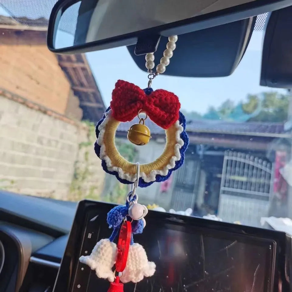 Handmade yarn weaving car hanging decoration in Snow White plush with pendant design
