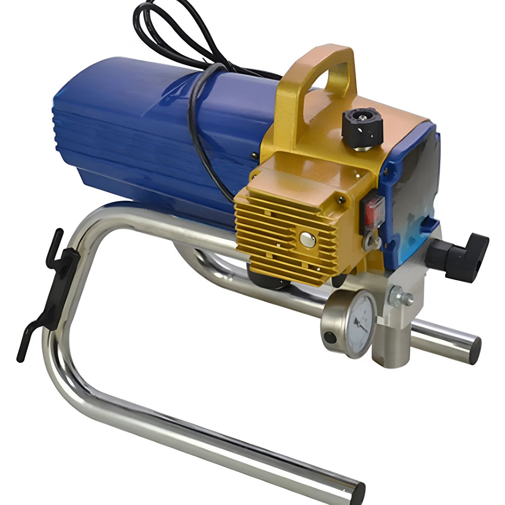 Blue portable electric airless spraying machine with spray gun, hose, and accessories on a workbench.