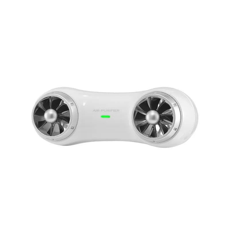 Black and white compact car air purifier and aromatherapy diffuser unit with USB Type-C cable.