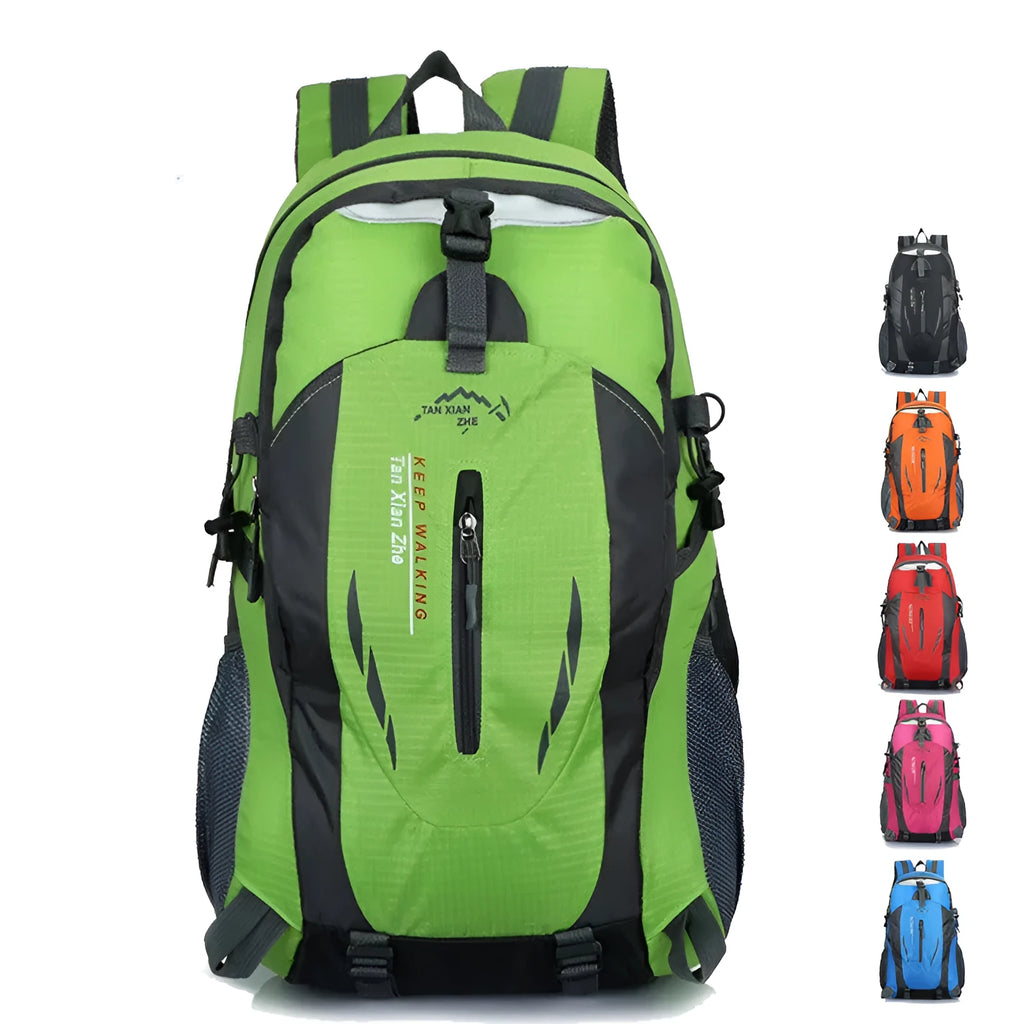 Large red Oxford cloth travel backpack with double straps, showing front zipper and square vertical shape.