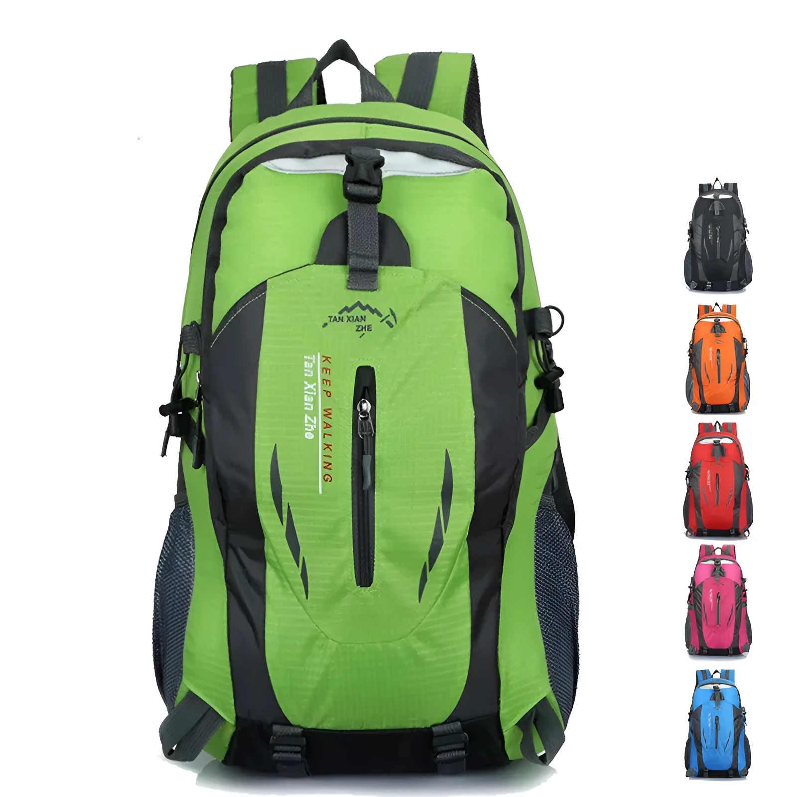 Large red Oxford cloth travel backpack with double straps, showing front zipper and square vertical shape.