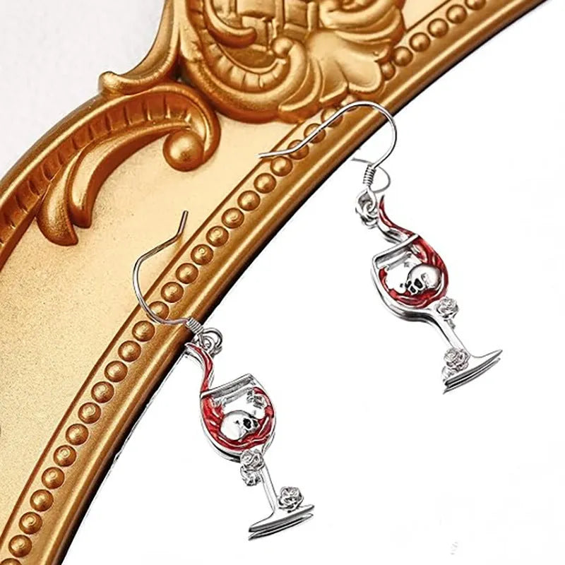 Halloween skull wine glass earrings with geometric shape and electroplated finish