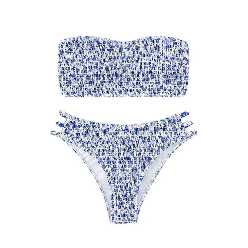 Women's strapless floral bikini set with high-waisted briefs on a white background
