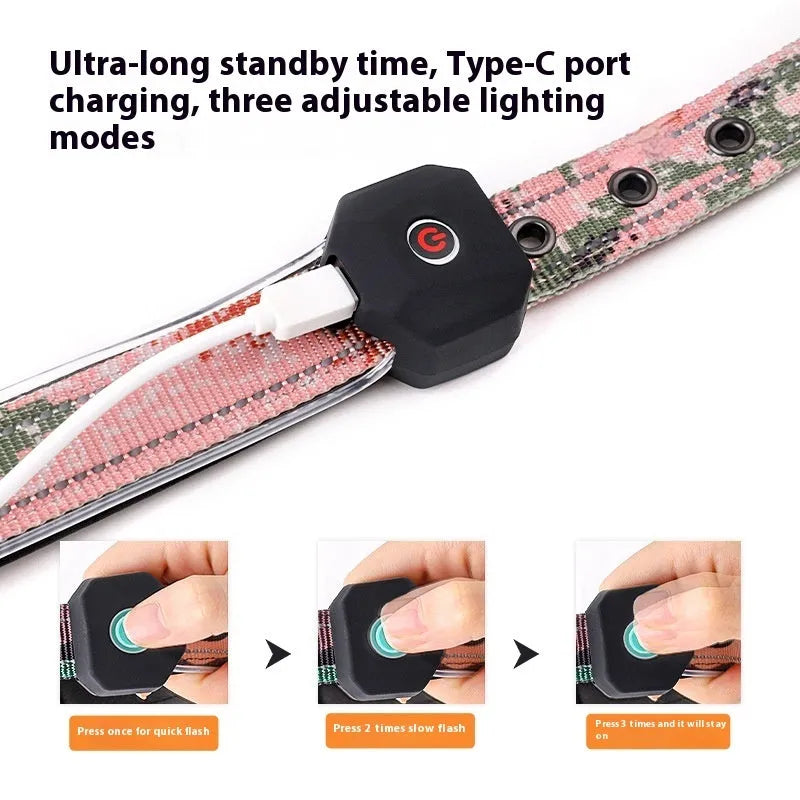 Blue and green plaid LED luminous dog collar with reflective stripes, shown with USB charging cable.