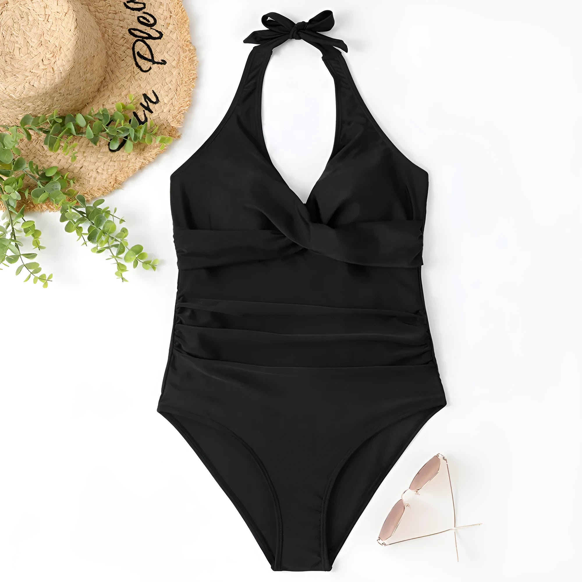 Women's solid colour cross-front one-piece swimsuit in bikini style on a hanger