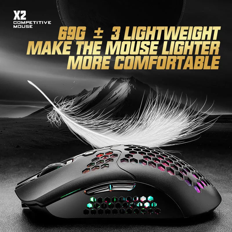Free Wolf X2 wireless RGB gaming mouse in five colour options on a desk.