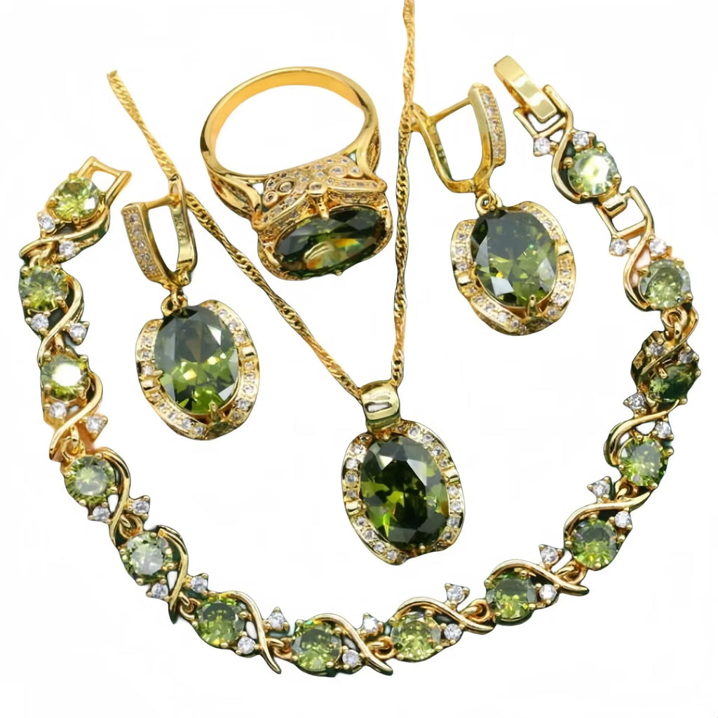 Olive green and red zircon jewellery set for women featuring a necklace with snake bone chain, matching earrings, and a ring.