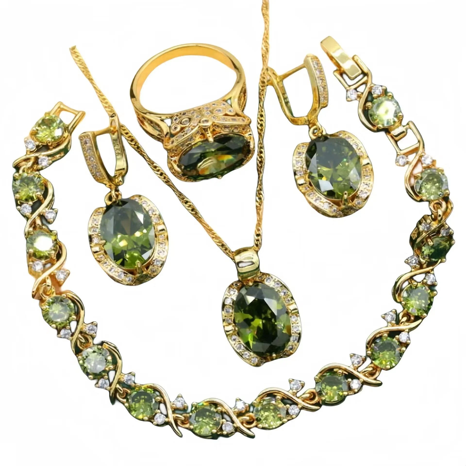 Olive green and red zircon jewellery set for women featuring a necklace with snake bone chain, matching earrings, and a ring.