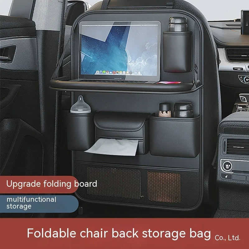Leather car seat storage bag in black with handle and foldable dining table