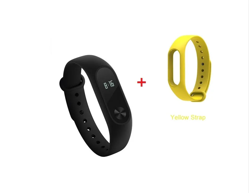 Black Xiaomi Mi Band 2 fitness tracker on wrist showing OLED display with heart rate reading