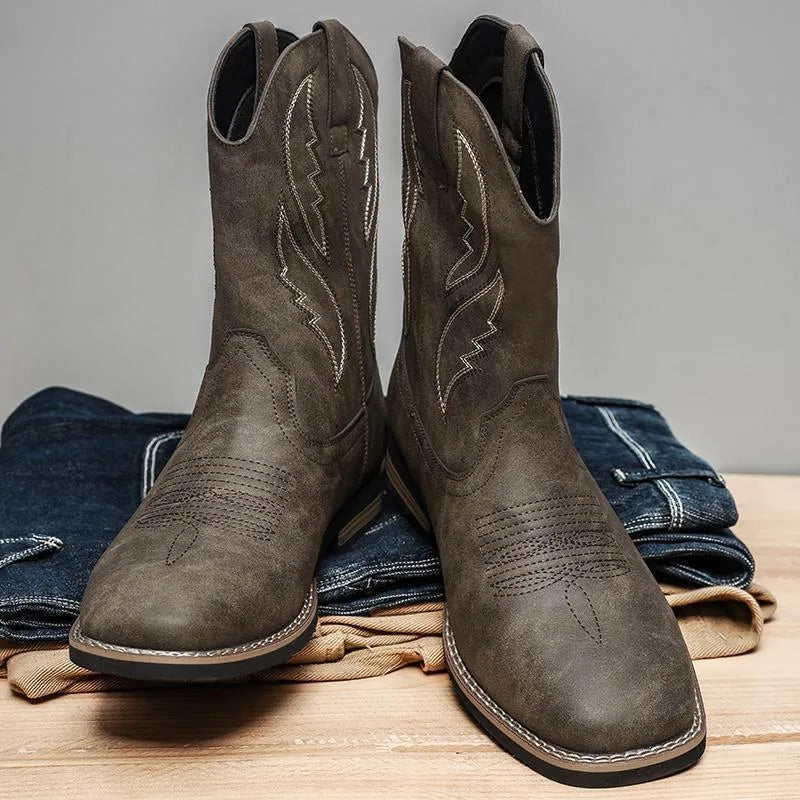 Men's retro western cowboy worker boots in brown, round toe PU leather with rubber sole, side view