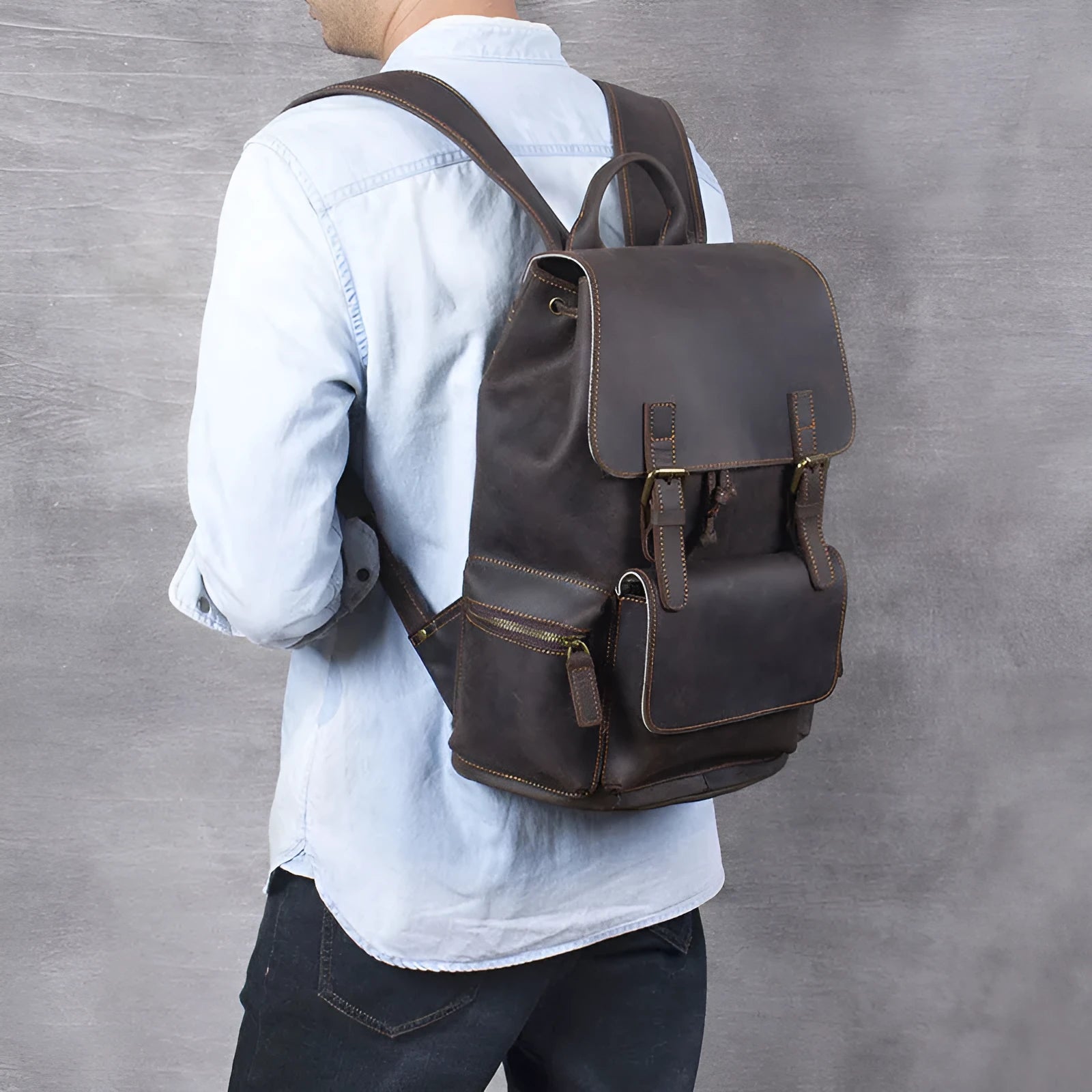 Brown retro crazy horse leather backpack with denim lining and double shoulder straps