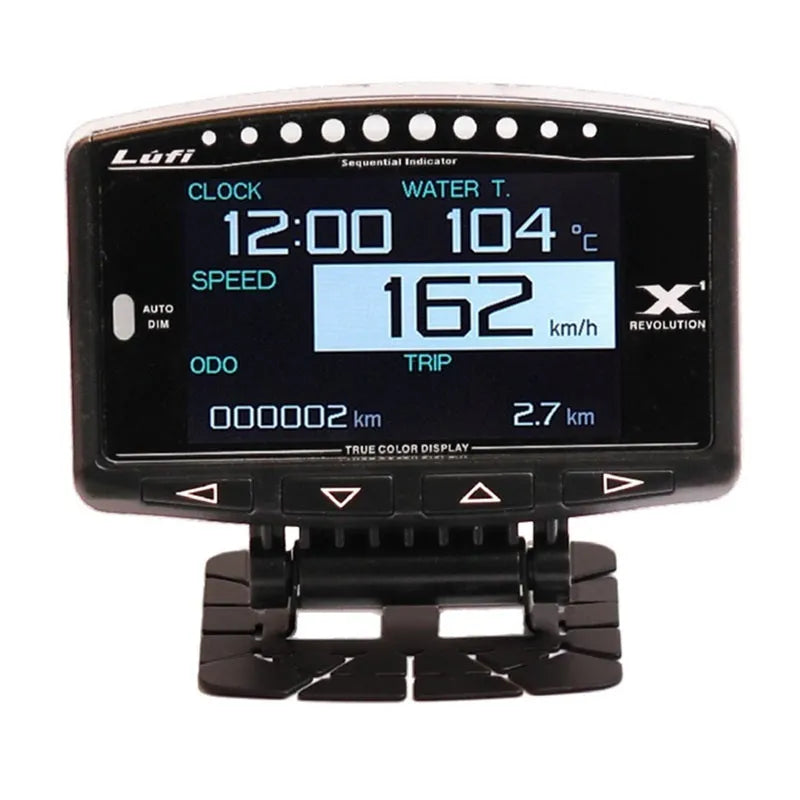 X1 English version automotive OBD diagnostic instrument with LED display on metal housing.