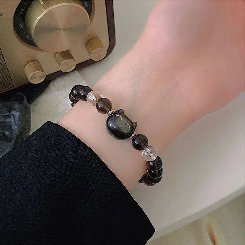Women's silver-tone cat head bracelet with 8mm ice stone opal and natural silver stone charms on adjustable band