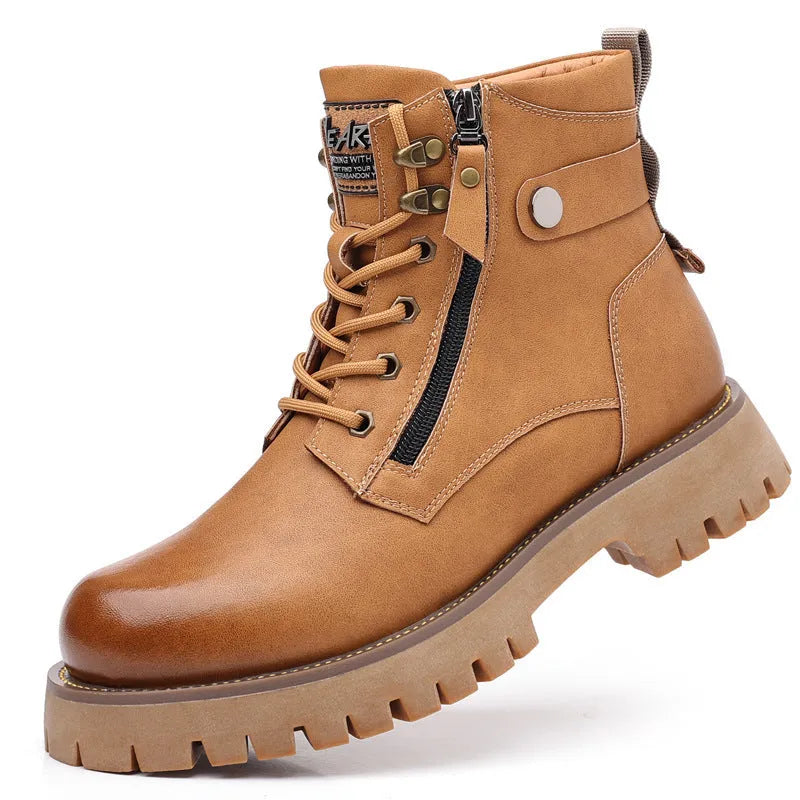 Men's brown leather Martin boots with side zipper, mid-heel, and non-slip rubber soles