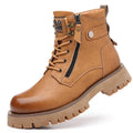 Men's brown leather Martin boots with side zipper, mid-heel, and non-slip rubber soles