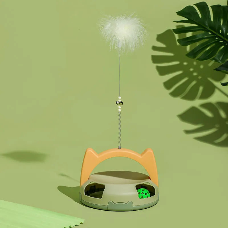 Bite-resistant cat wand toy with spinning coloured balls on nylon cord for interactive play