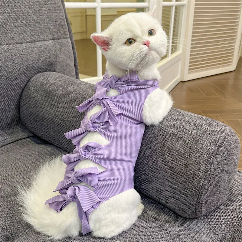 Lace-up cat sterilisation clothing in pink on a cat, showing the adjustable ties and full-body coverage.