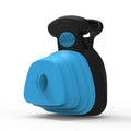 Blue portable handheld dog pooper scooper with carabiner clip and bag dispenser, shown next to size dimensions.