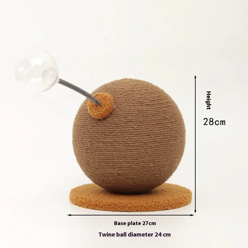 Large and small size hemp rope cat scratcher board with attached cat grasping ball toy.