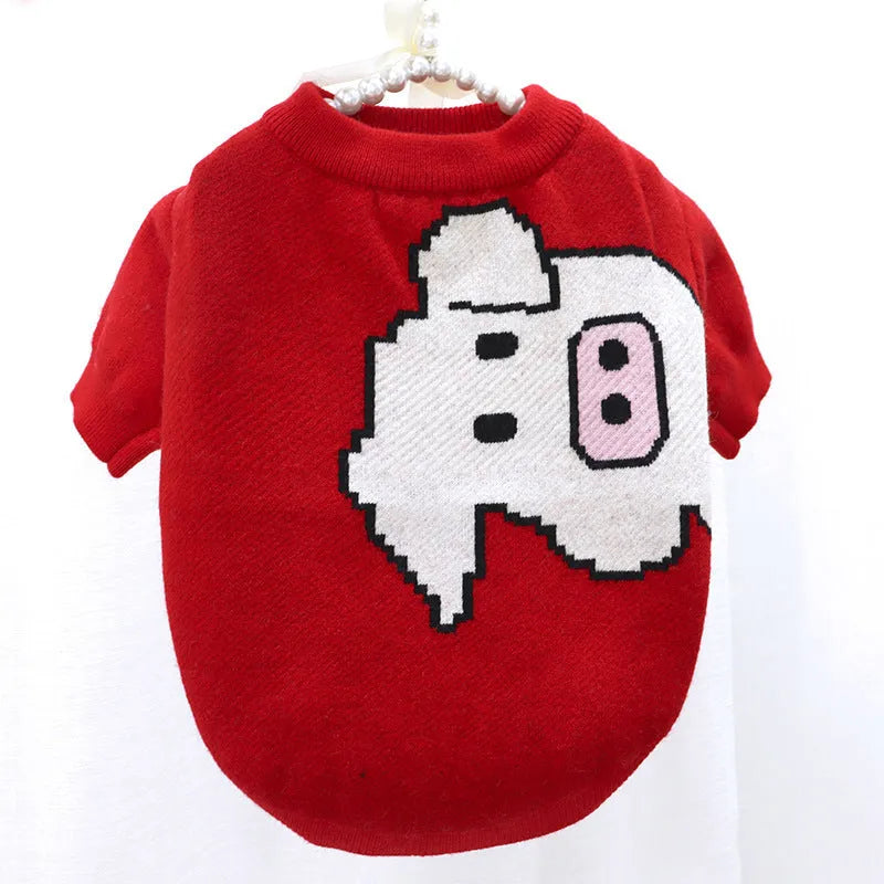 Cartoon animal design woollen dog sweater for autumn and winter, available in multiple sizes.