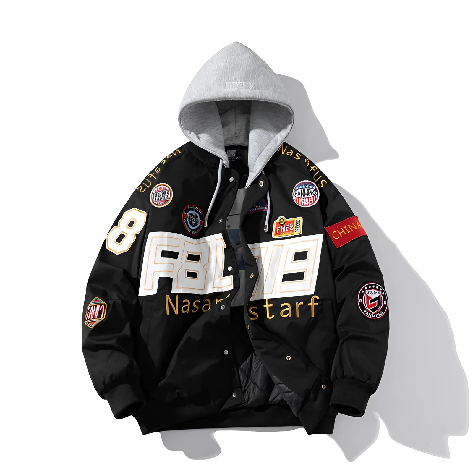 Black American motorcycle-style baseball uniform jacket with side pocket and detachable hood.