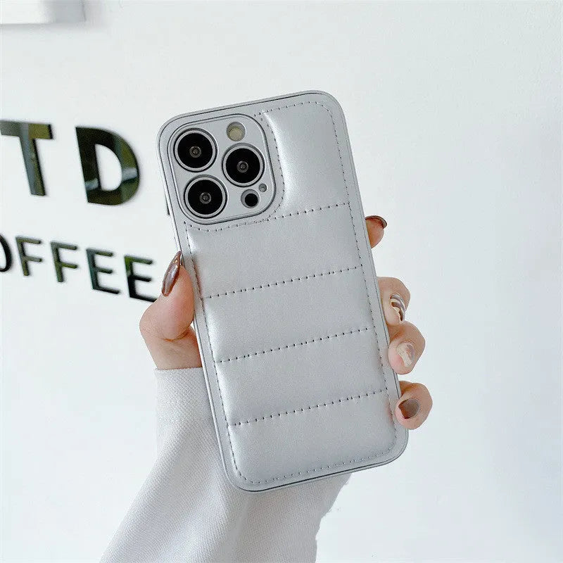 Fashion solid colour down jacket phone case for iPhone showing quilted texture