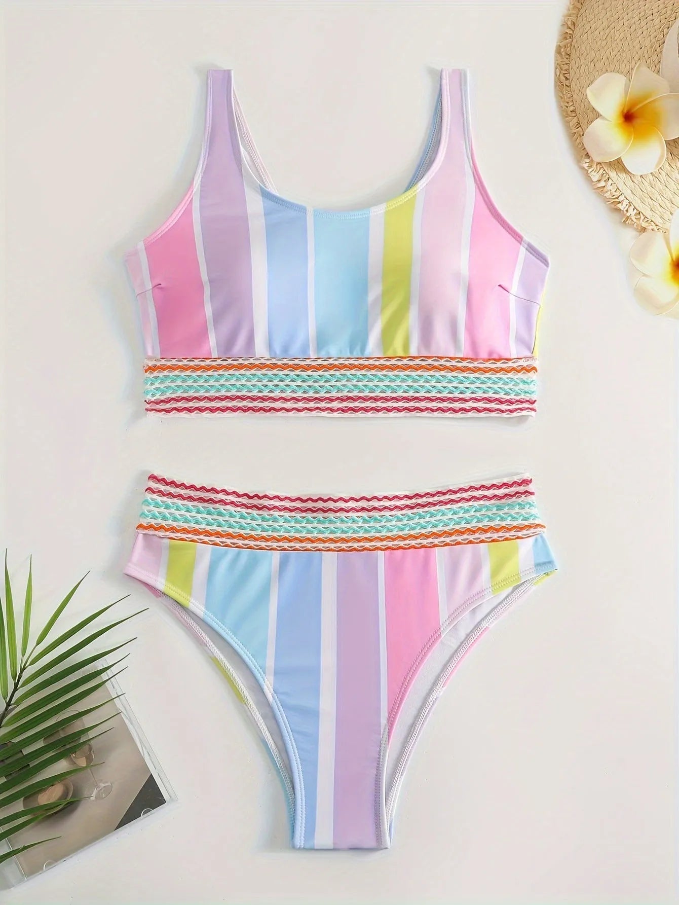Women's striped two-piece sports bikini set for swimming, shown in picture colour.