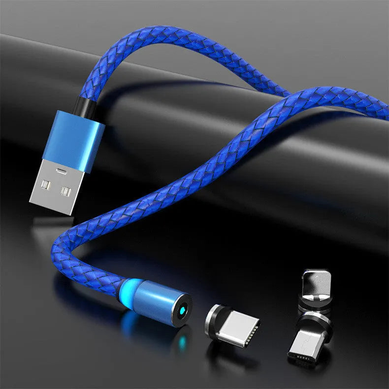 Magnetic smartphone charging cable with LED breathing light, showing black and gold colour options.