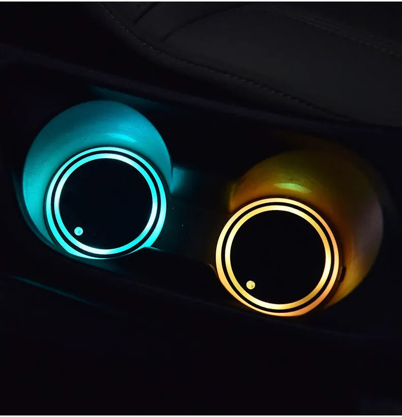 Colourful LED light-up coaster for car cup holder with seven colour options and USB cable.