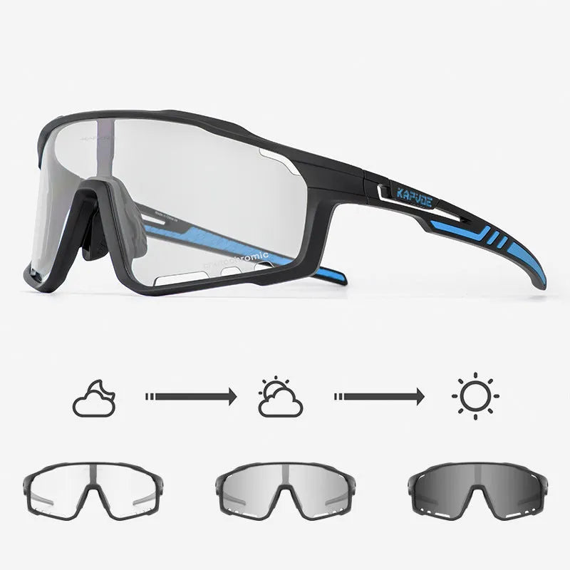 Photochromic cycling sunglasses with a semi-rimless TR90 frame shown in one of fourteen available colours.