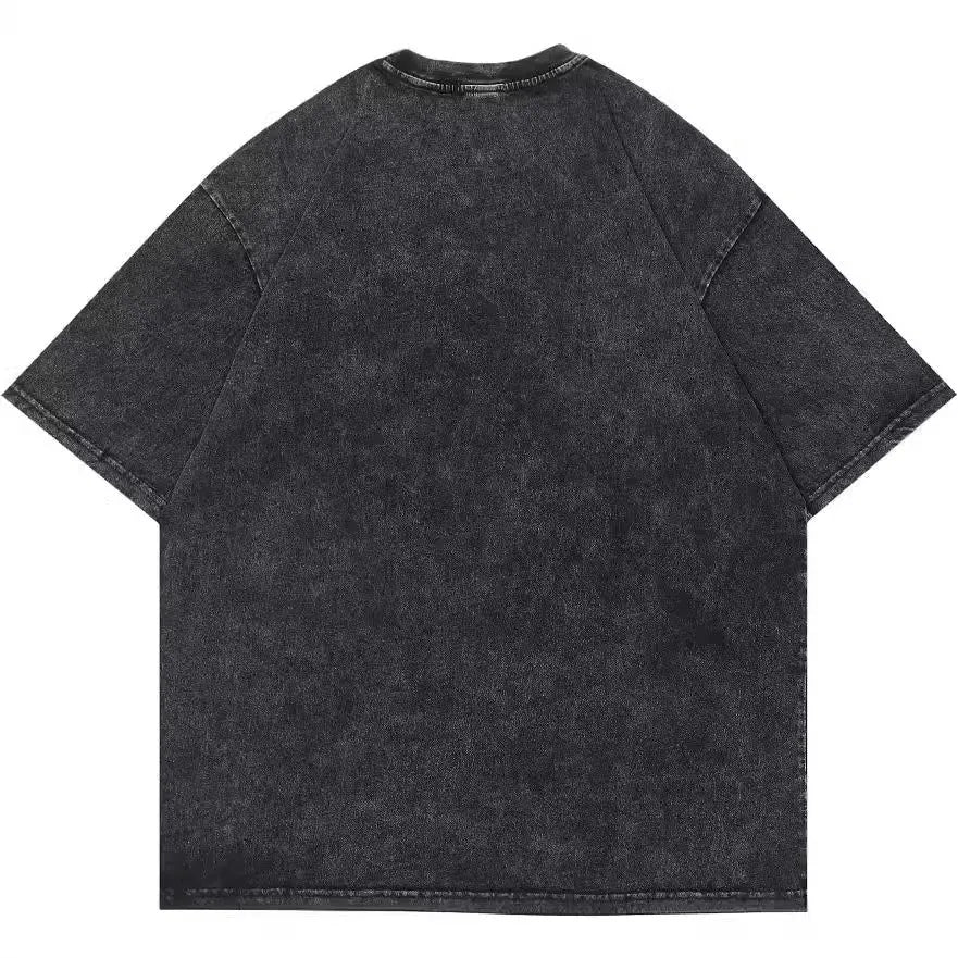 Men's washed black pure cotton t-shirt with cartoon print and short sleeves