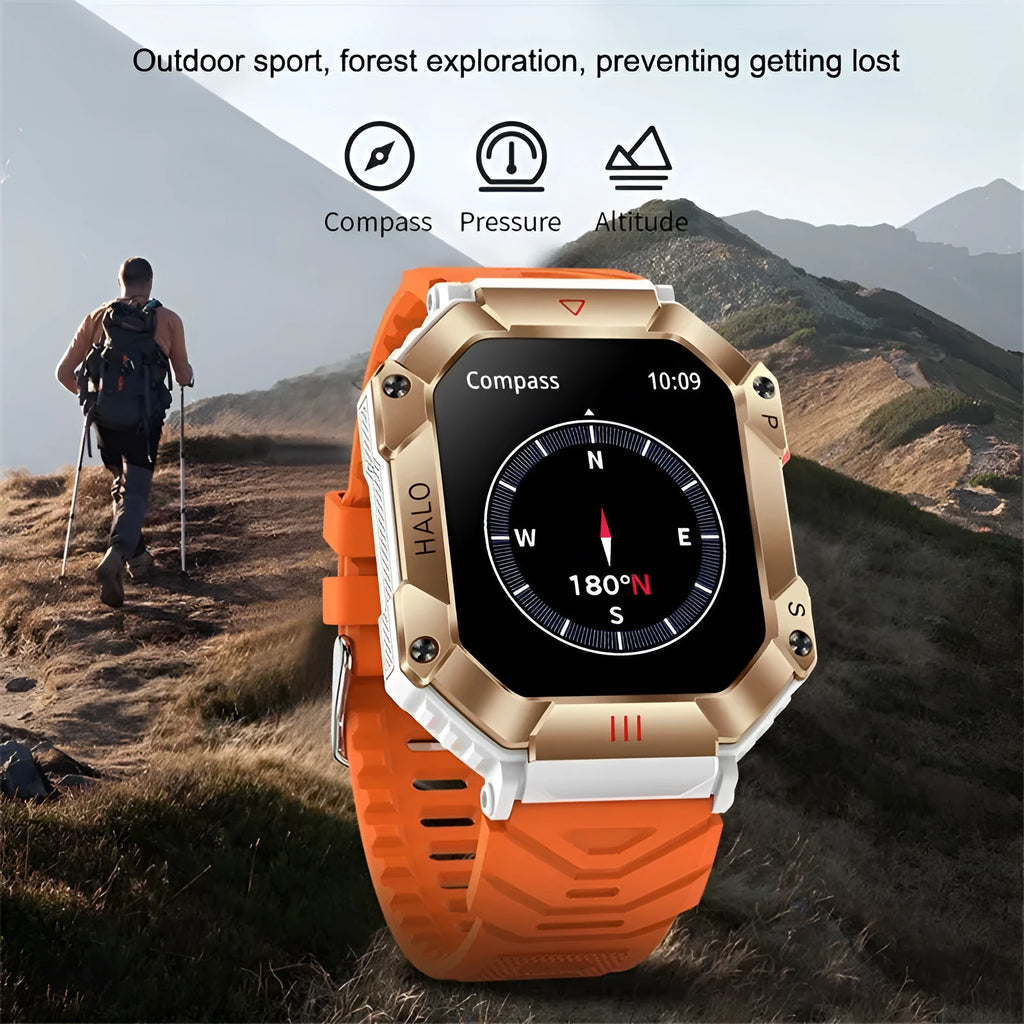 Android smart watch with GPS and Bluetooth call features on a black camouflage textile strap.