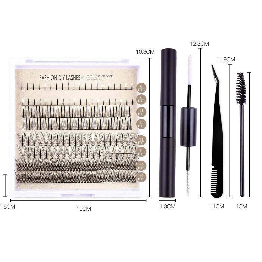 DIY false eyelash kit showing segmented cluster lashes, pink and black glue bottles, tweezers, and a brush applicator on a clean surface.