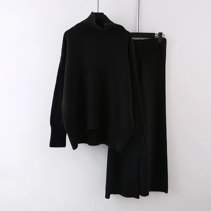 Women's casual two-piece set featuring a long-sleeve sweater and wide-leg trousers in a solid colour.