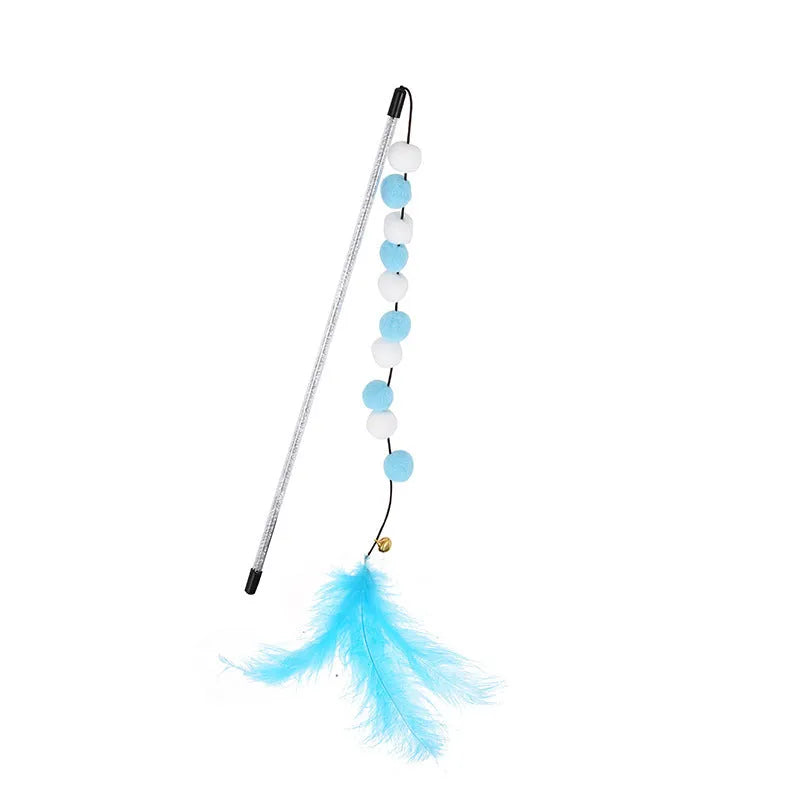 31cm long cat teaser stick wand with bell and colourful feather pompon attachments