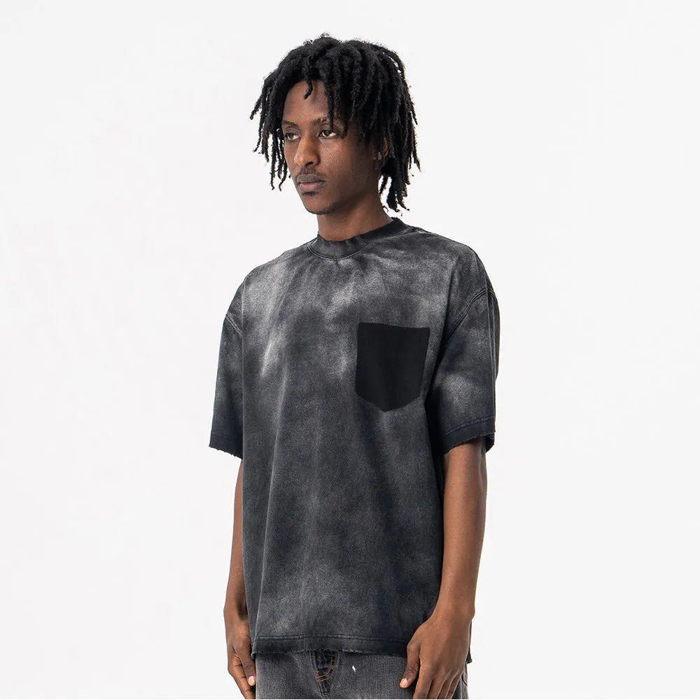 Black men's loose fit cotton T-shirt with printed white letter design and drop-shoulder sleeves