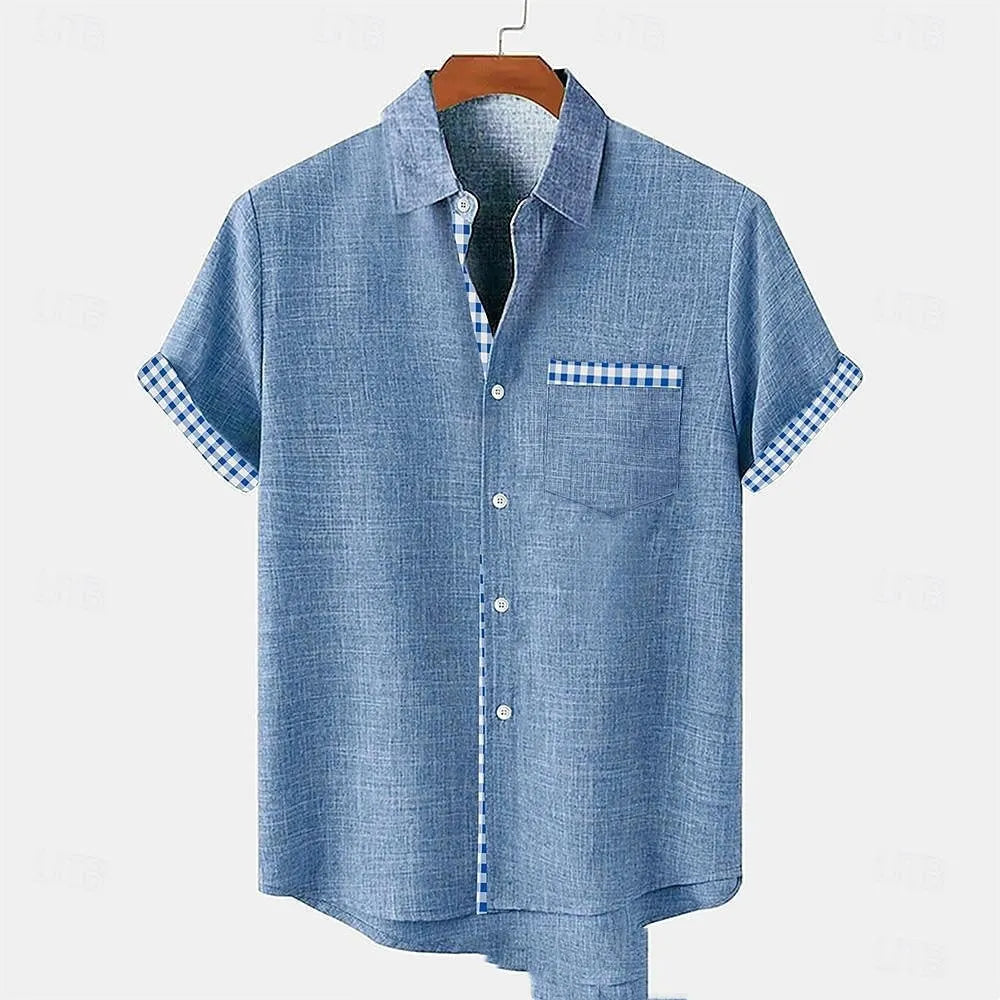 Linen short sleeve casual shirt with ocean fish pattern on lapel, loose fit for teenagers
