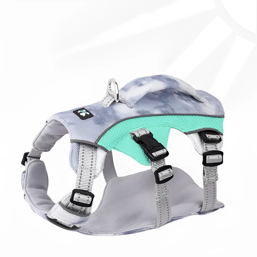 Reflective light blue pet cooling chest strap fastened around a dog's torso.