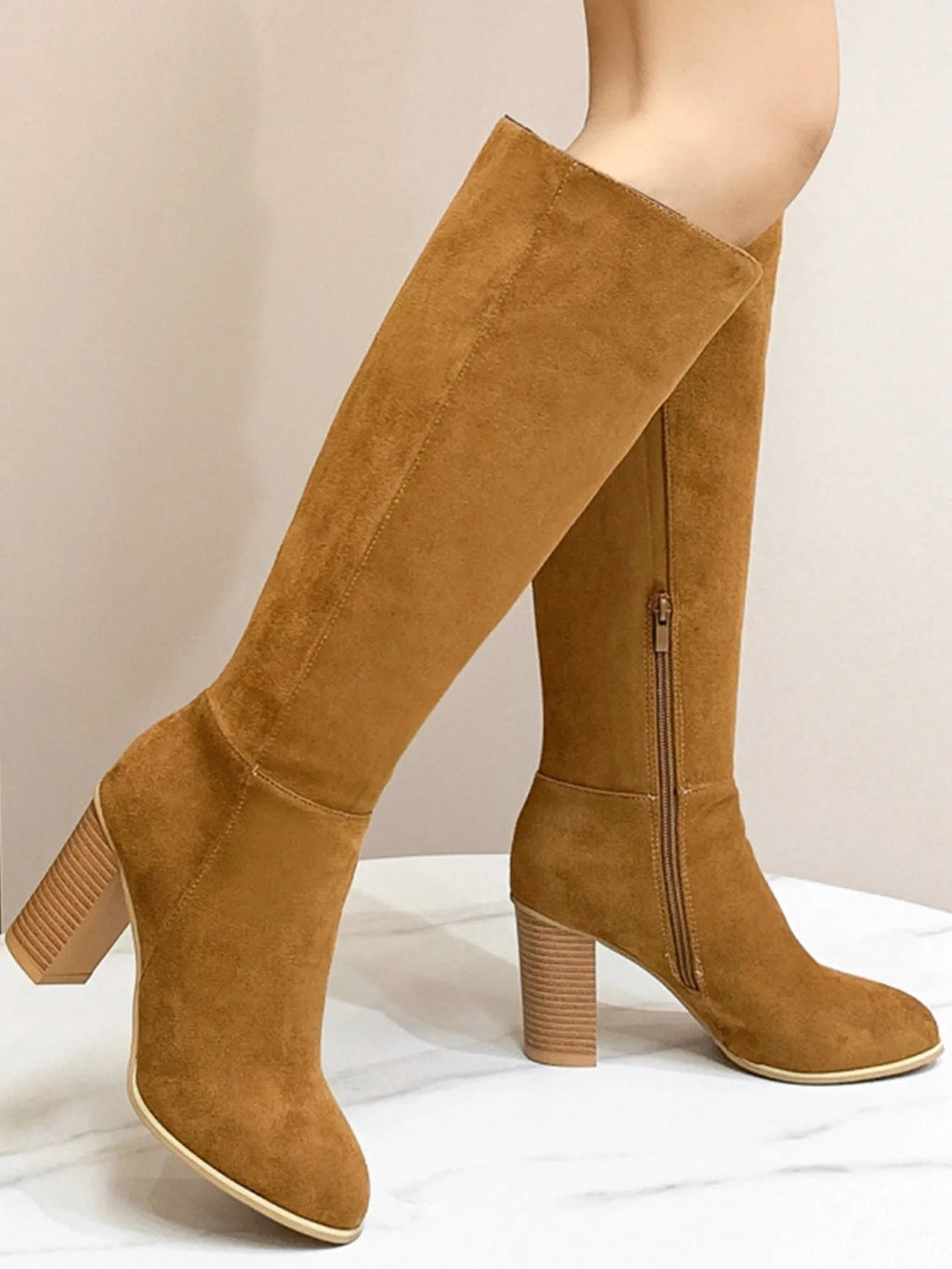 Women's square toe high heel fashion boots in black artificial PU material