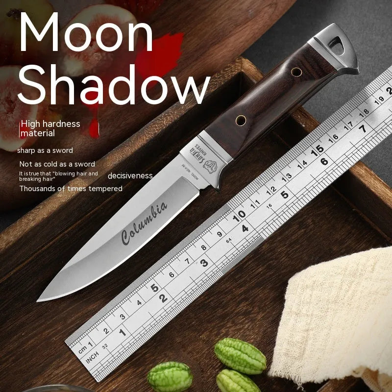 Camping multifunctional fruit knife with stainless steel blade and leather case in national style design